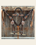 Two Tone Floral Western Turquoise Flower Browband / One Ear Tack Set #BBBC474 on a warm cream background