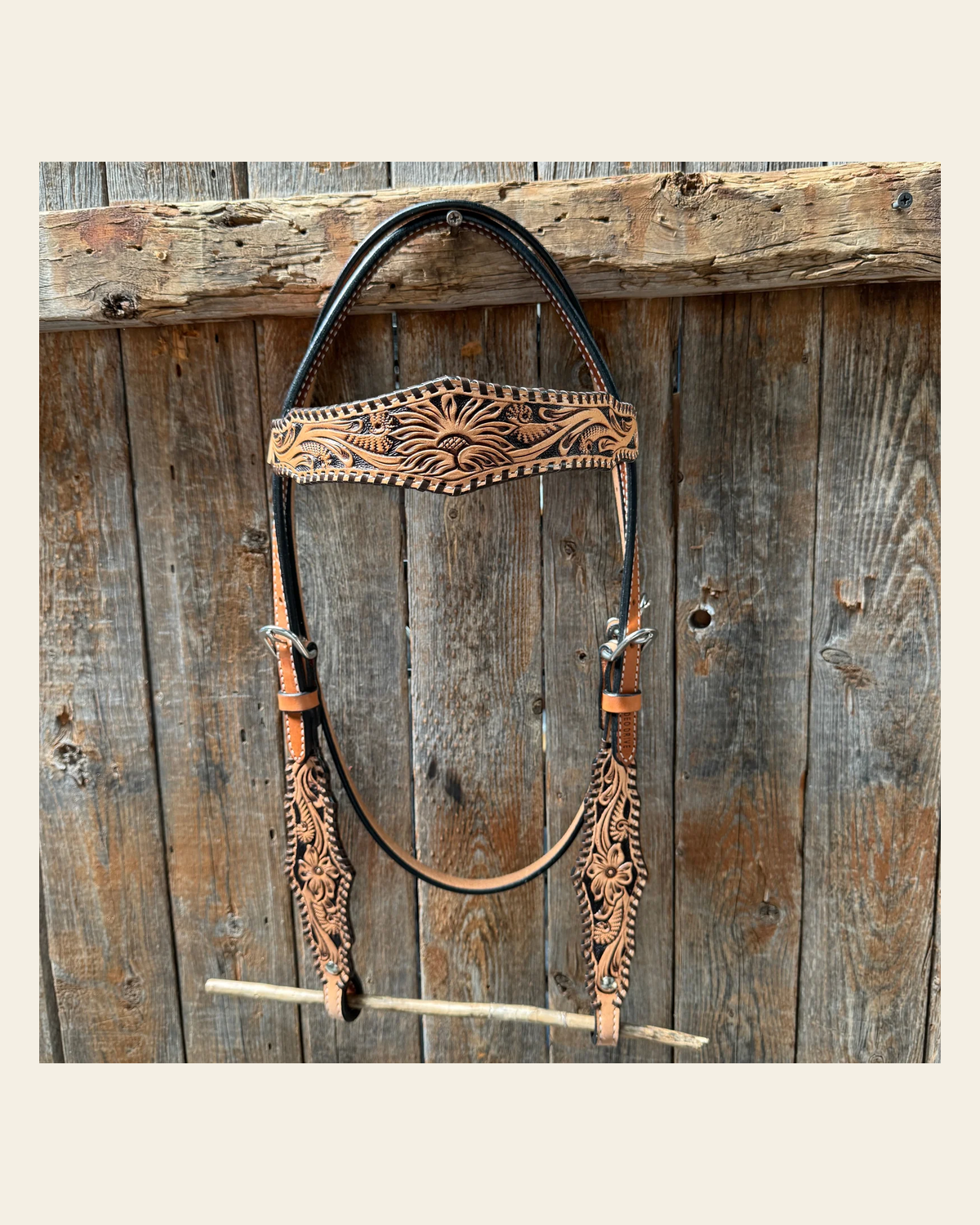 Light Oil Floral Whipstitch Browband Headstall / Bridle #24386 on a warm cream background