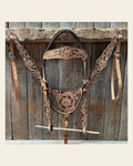 Light Oil Floral Whipstitch Triangle / Gladiator Browband/ One Ear Breastcollar Tack Set on a warm cream background