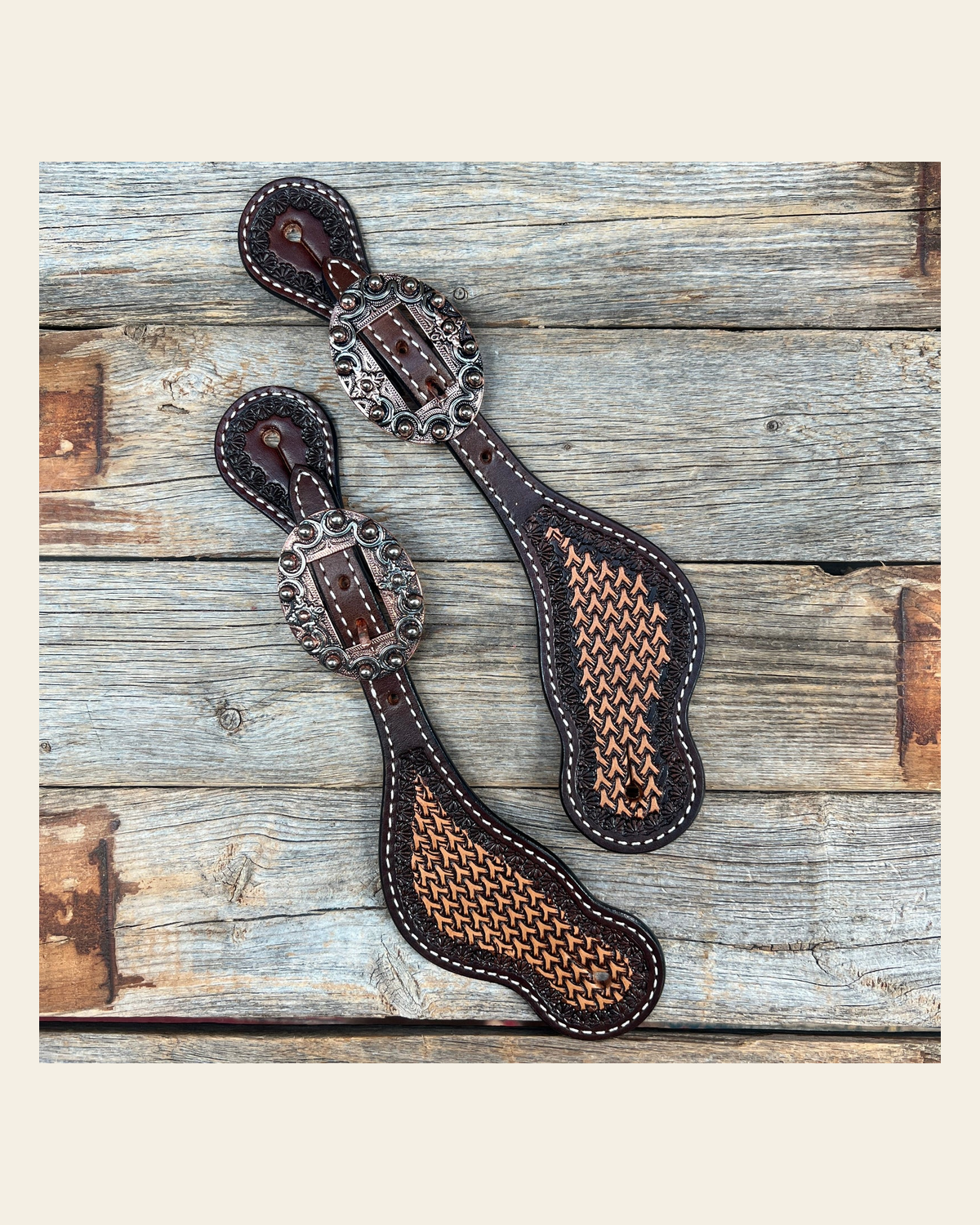 Two Tone Foxtail Copper Dot Spur Straps #SS123 on a warm cream background