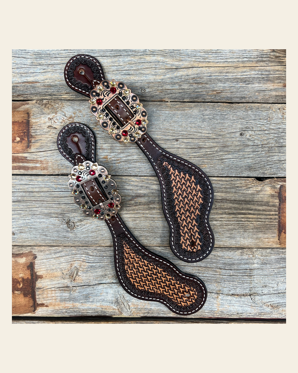 Two Tone Foxtail Ruby/Jet/Champagne Spur Straps #SS128 on a warm cream background