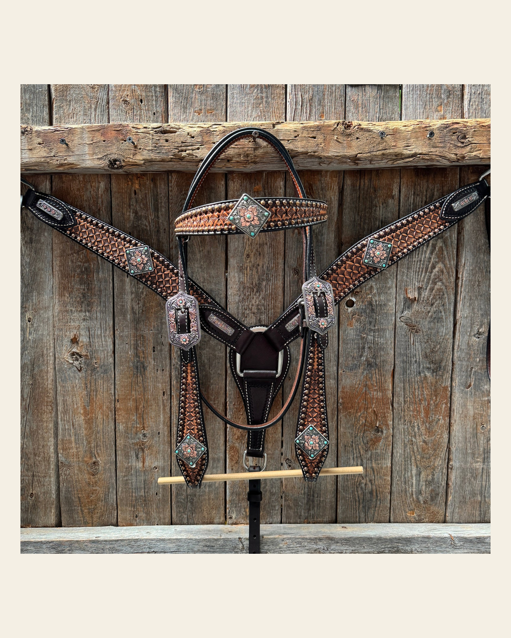 Two Tone Honeycomb Antique Silver and Copper Western Browband | One Ear Tack Set #BBBC513 on a warm cream background