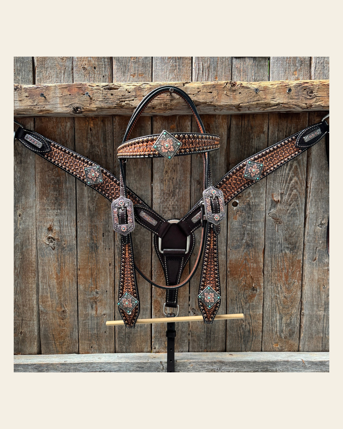 Two Tone Honeycomb Antique Silver and Copper Western Browband | One Ear Tack Set #BBBC513 on a warm cream background