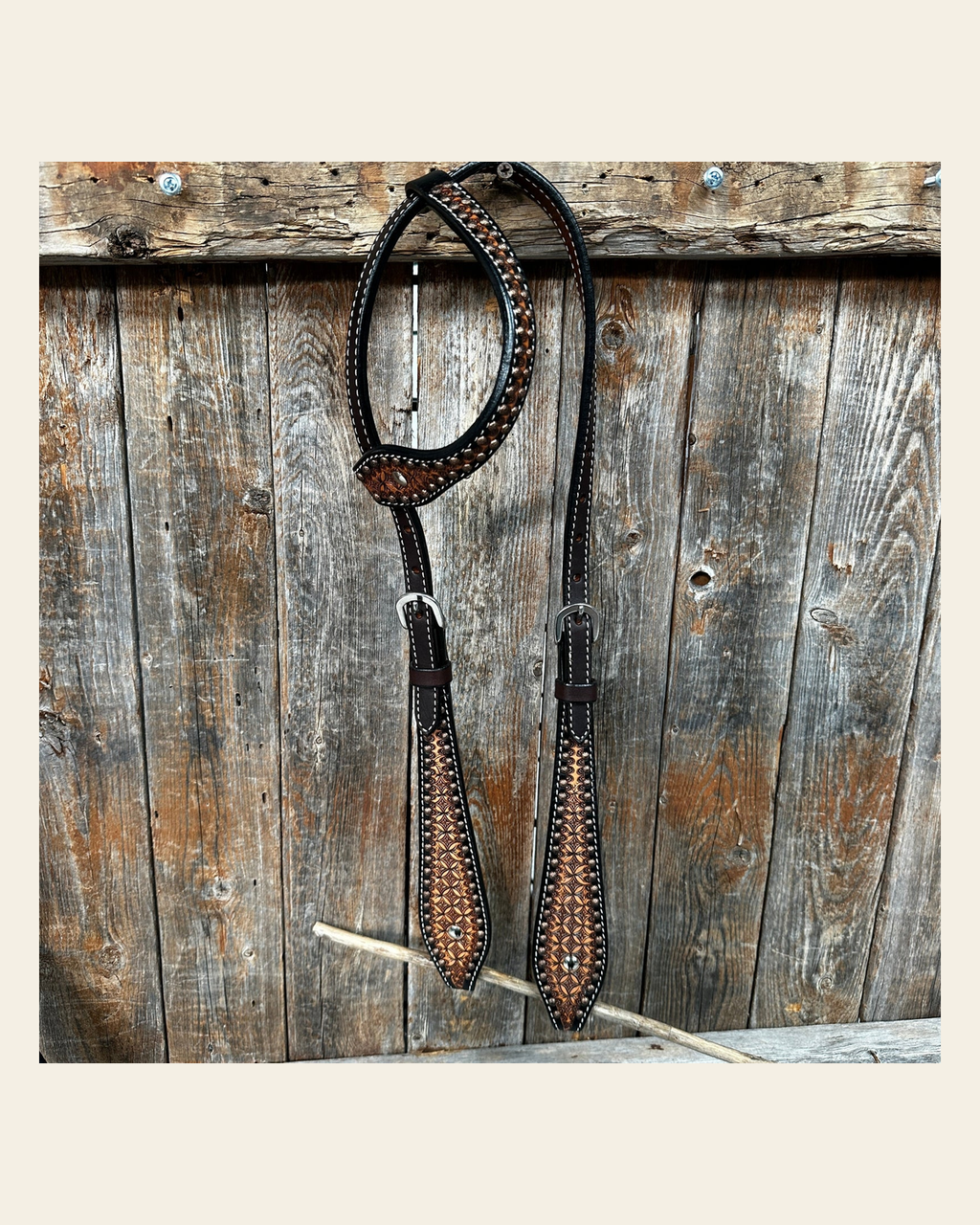 Two Tone Honeycomb One Ear Headstall / Bridle #24330 on a warm cream background