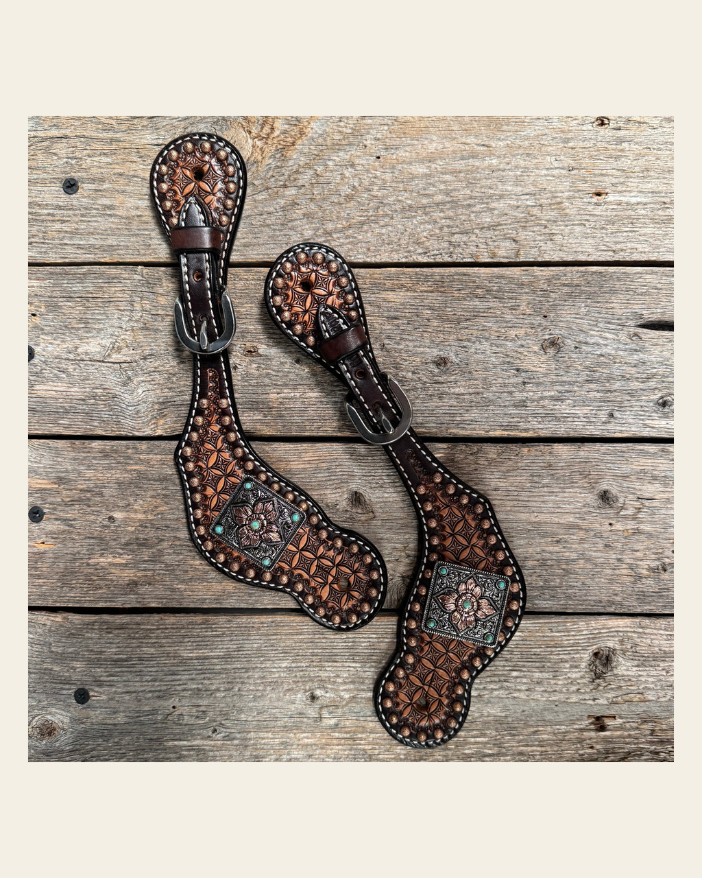 Two Tone Honeycomb Spur Straps | Antique Silver and Copper Conchos #SS143 on a warm cream background