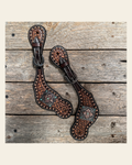 Two Tone Honeycomb Spur Straps | Antique Silver and Copper Conchos #SS143 on a warm cream background