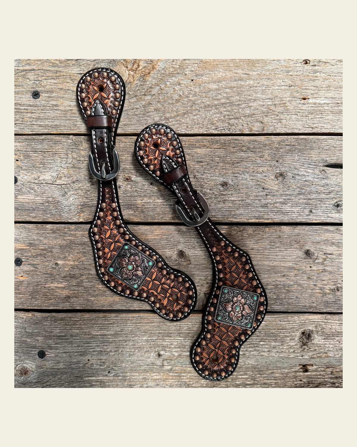 Two Tone Honeycomb Spur Straps | Antique Silver and Copper Conchos #SS143 on a warm cream background