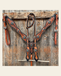 Two Tone Leaf Copper Flower Turquoise Browband/One Ear & Breastcollar Tack Set #OEBC454 on a warm cream background