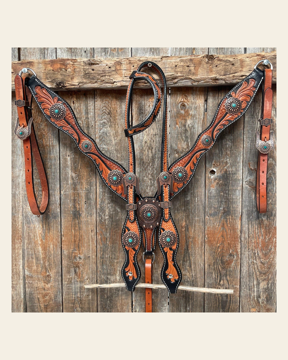 Two Tone Leaf Copper Flower Turquoise Browband/One Ear & Breastcollar Tack Set #OEBC454 on a warm cream background