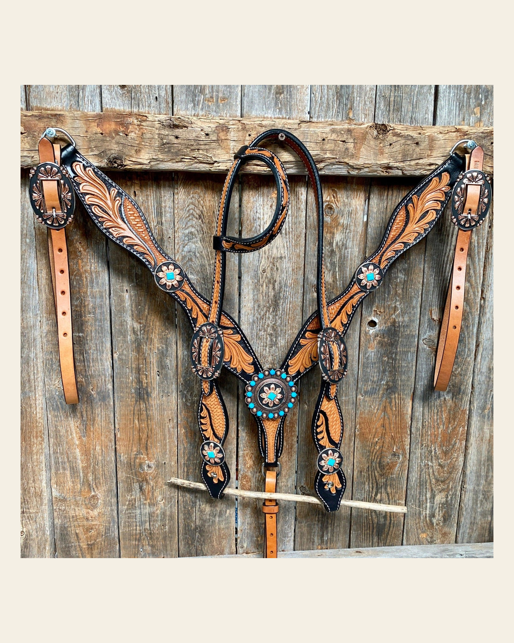 Two Tone Leaf Floral Turquoise One Ear & Breastcollar Tack Set #OEBC430 on a warm cream background