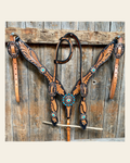 Two Tone Leaf Floral Turquoise One Ear & Breastcollar Tack Set #OEBC430 on a warm cream background