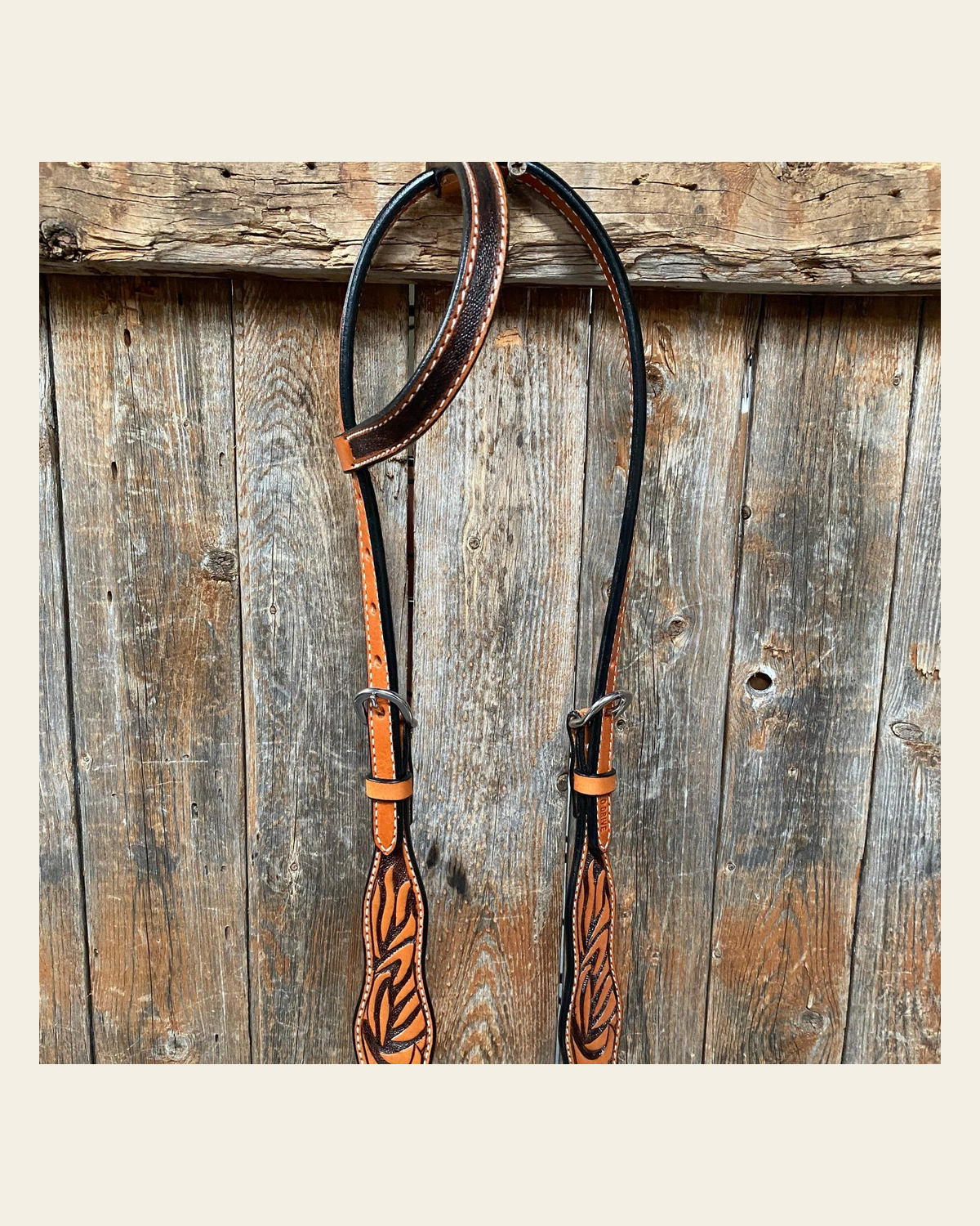 Two Tone Zebra Striped One Ear Headstall/Bridle #241941 on a warm cream background