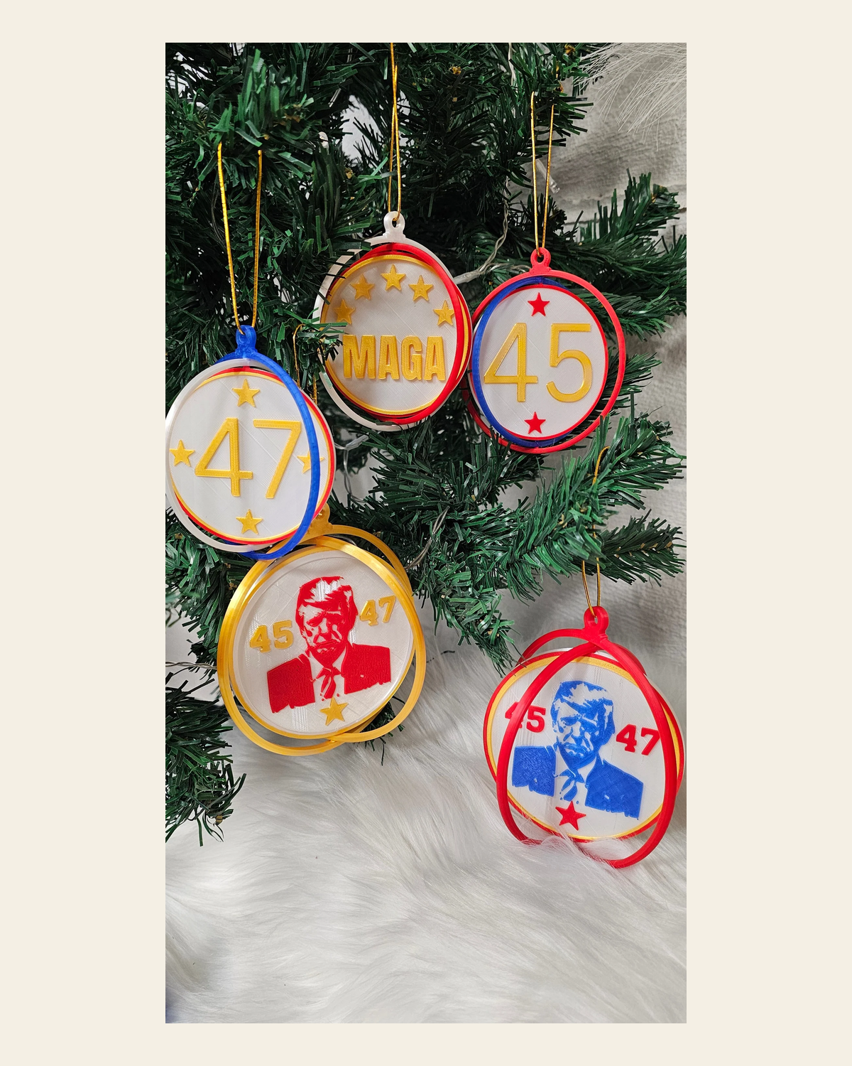 Ultimate Trump 3D Print Christmas Ornament Set Made in America on a warm cream background
