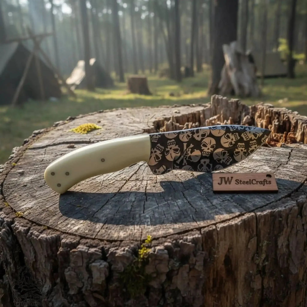 Damascus Skinner Knife White Resin Handle 7”