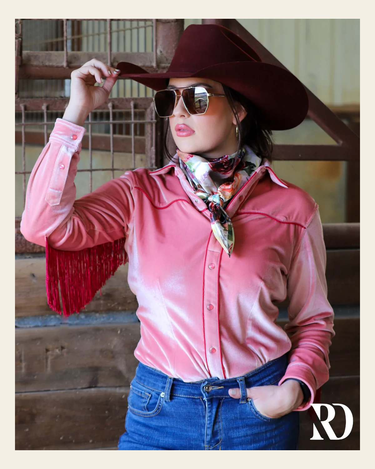 Valentina Velvet Fringe Performance Rodeo Shirt on a warm cream background