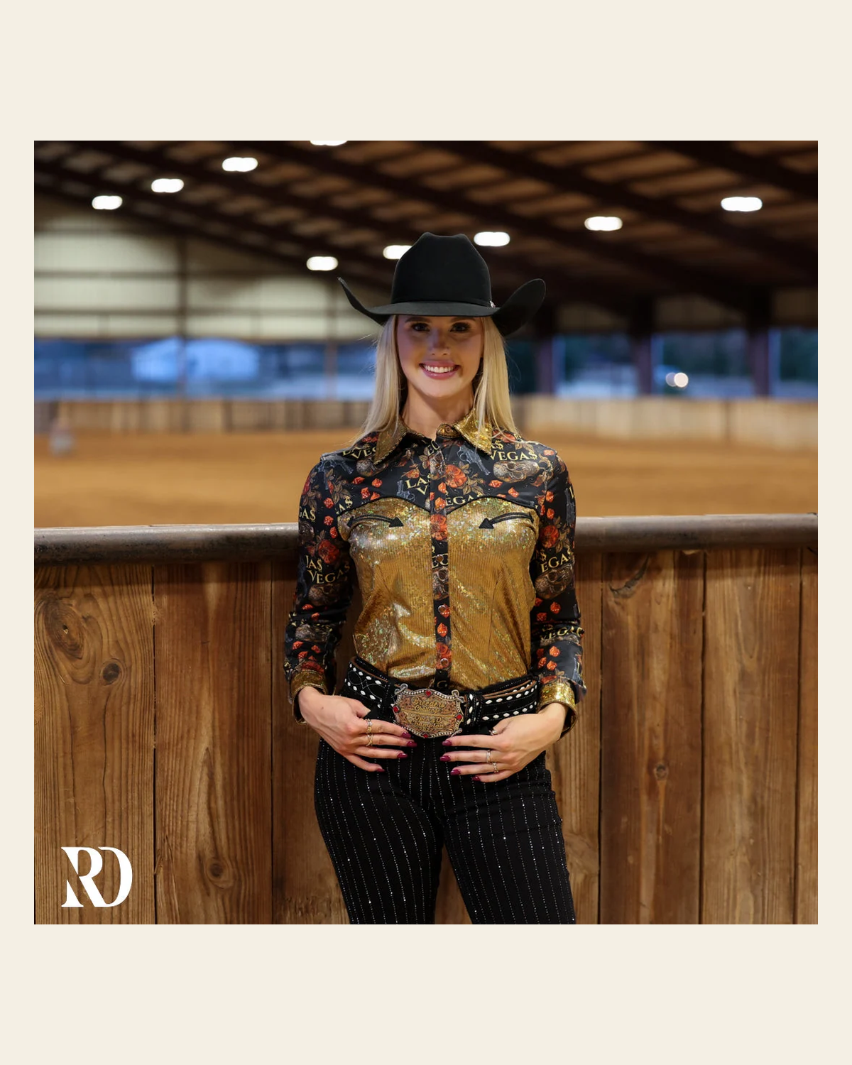 Vegas Heat Sparkle Performance Rodeo Shirt on a warm cream background