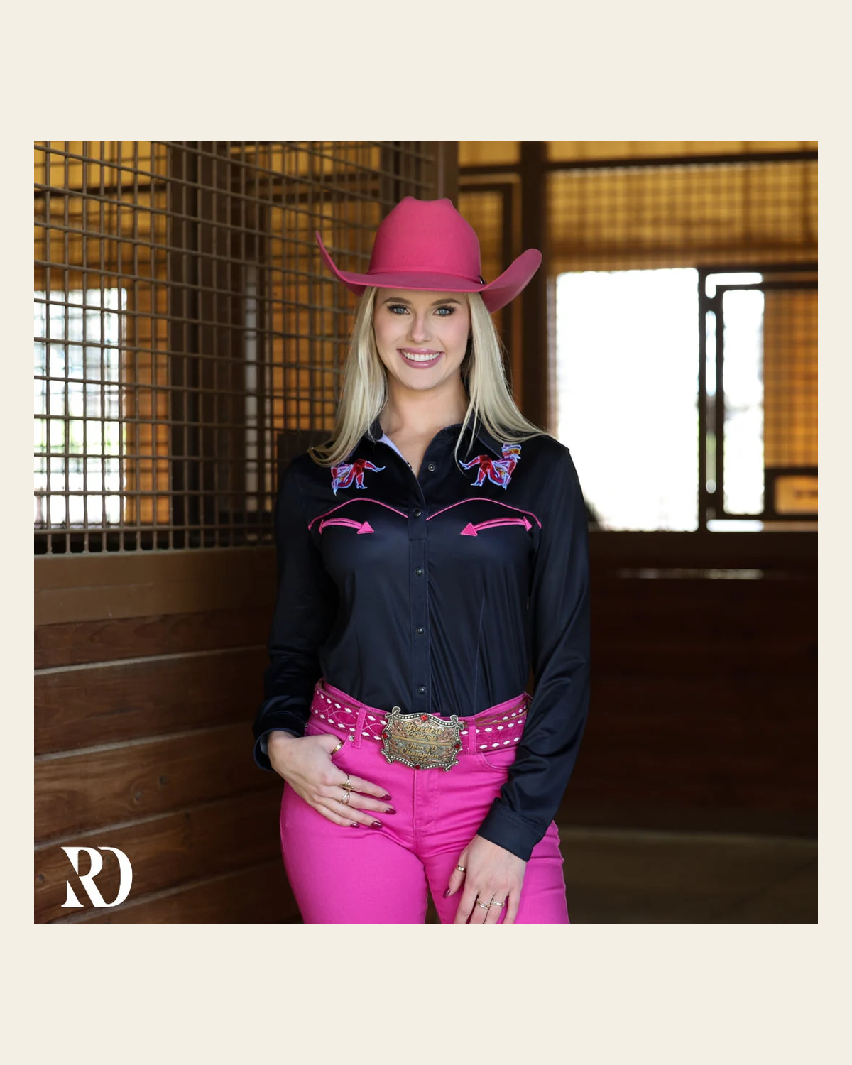Vegas Vicky Performance Rodeo Shirt on a warm cream background