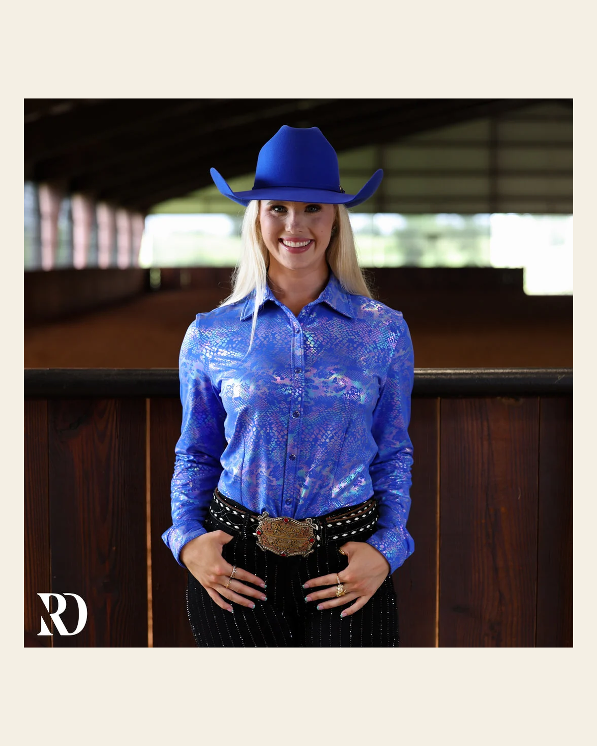 Blue Venom Performance Rodeo Shirt on a warm cream background