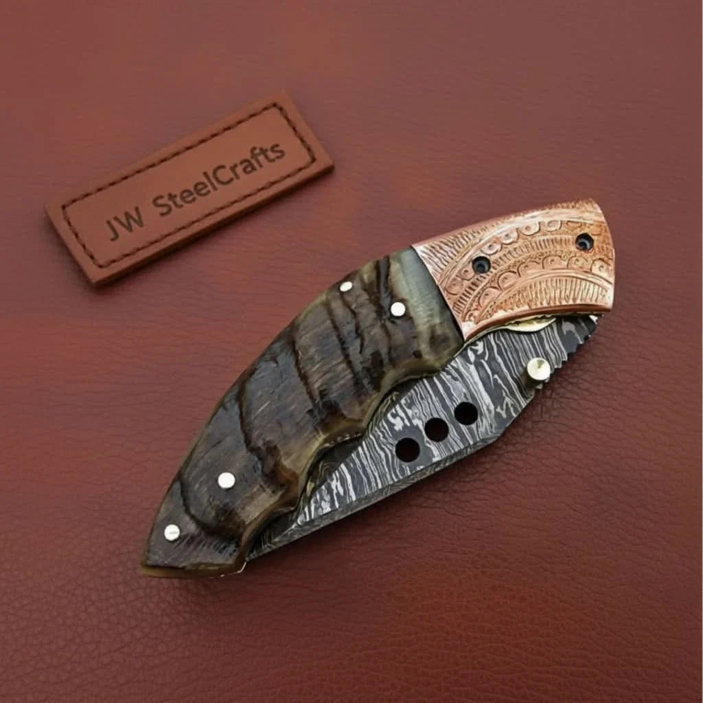 Handmade Damascus Steel Folding Knife with Engraved Metal Handle – Premium EDC Pocket Knife