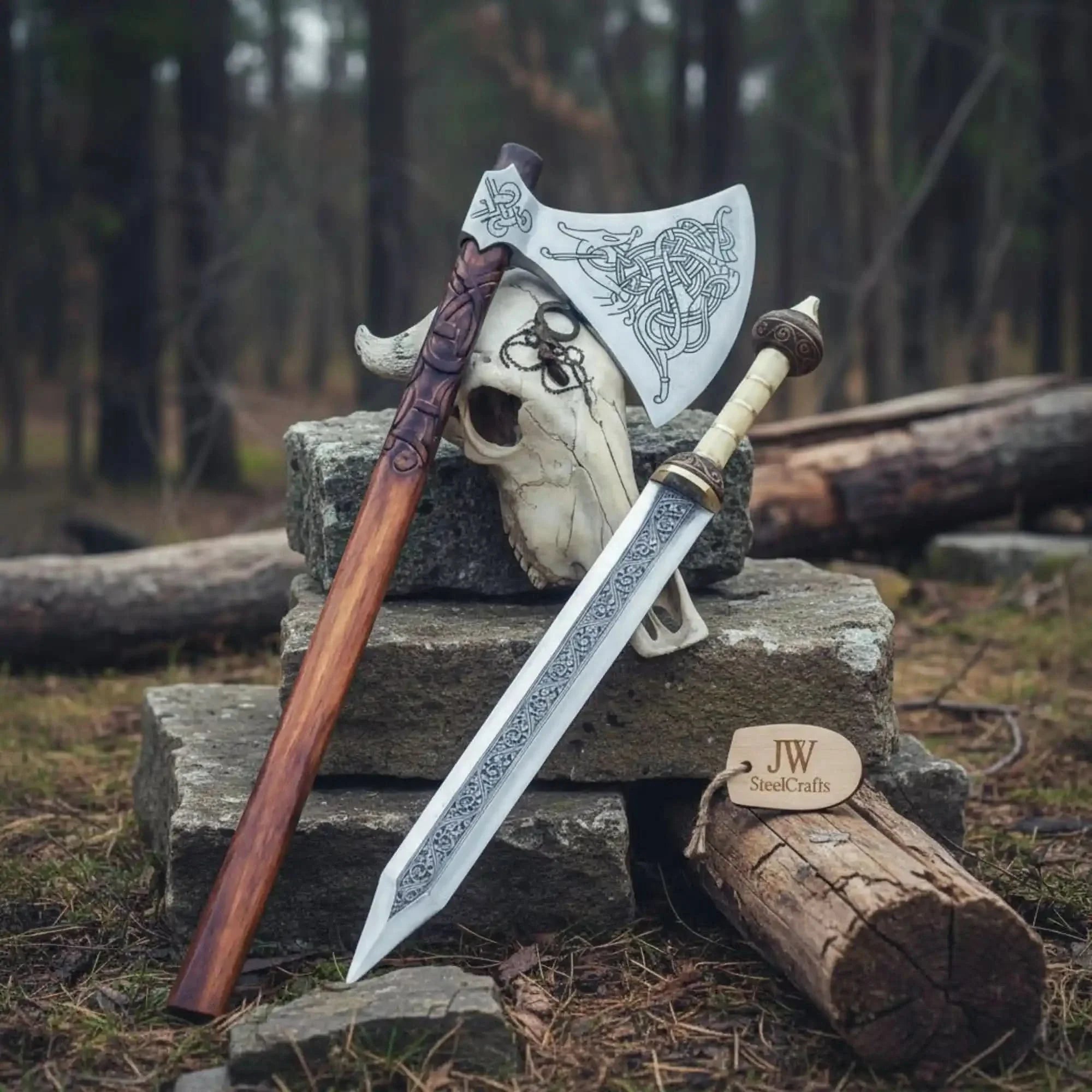 Custom Handmade Stainless Steel  Double Handed Viking axe set with Handmade Gladius piece