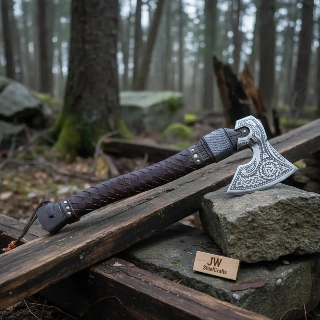Engraved Norse Valknut Hatchet with Braided Leather Handle