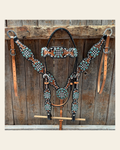 Vintage Checkered and Turquoise Browband Tack Set | BBBC502 on a warm cream background
