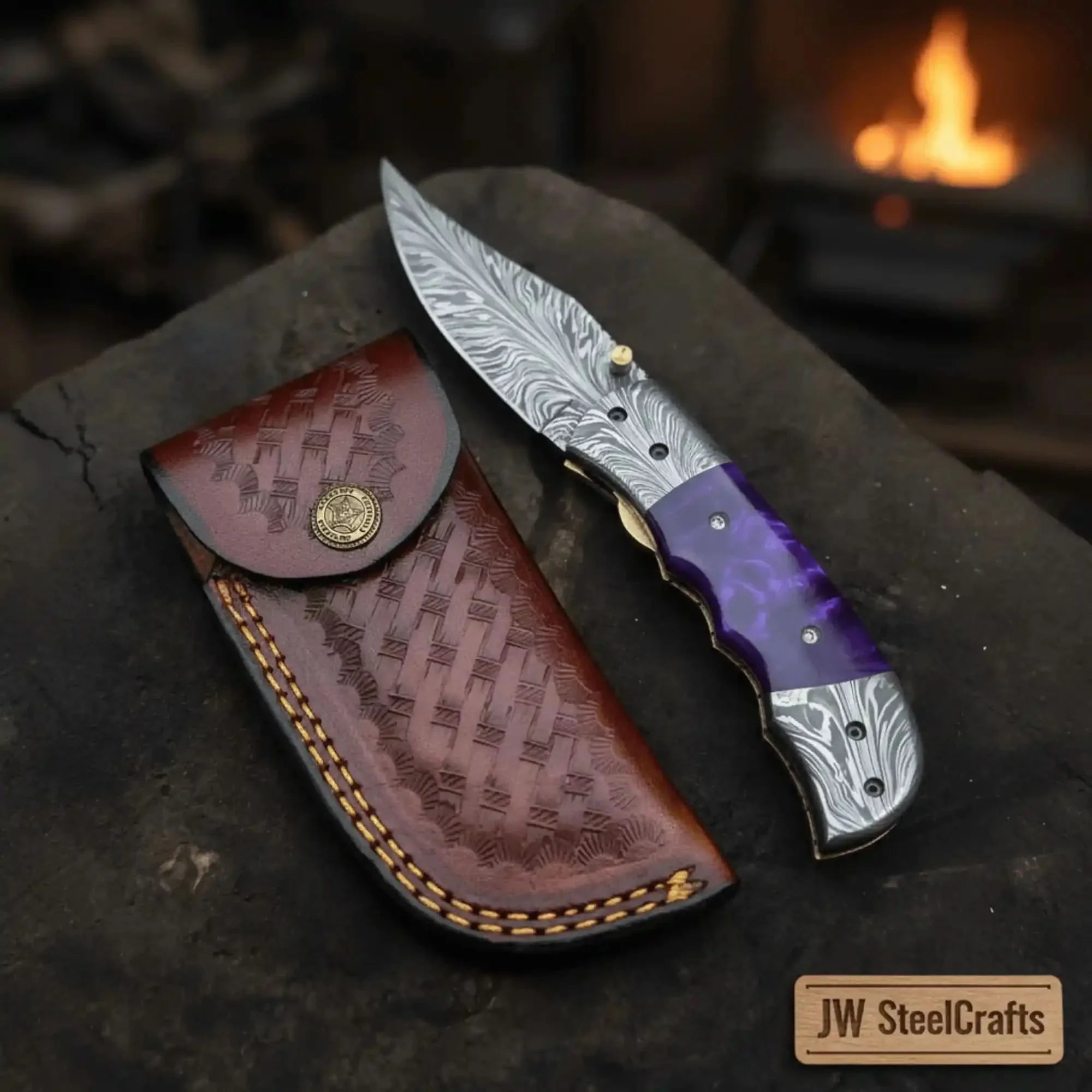 Purple Feather Damascus Folder with Purple Resin Handle