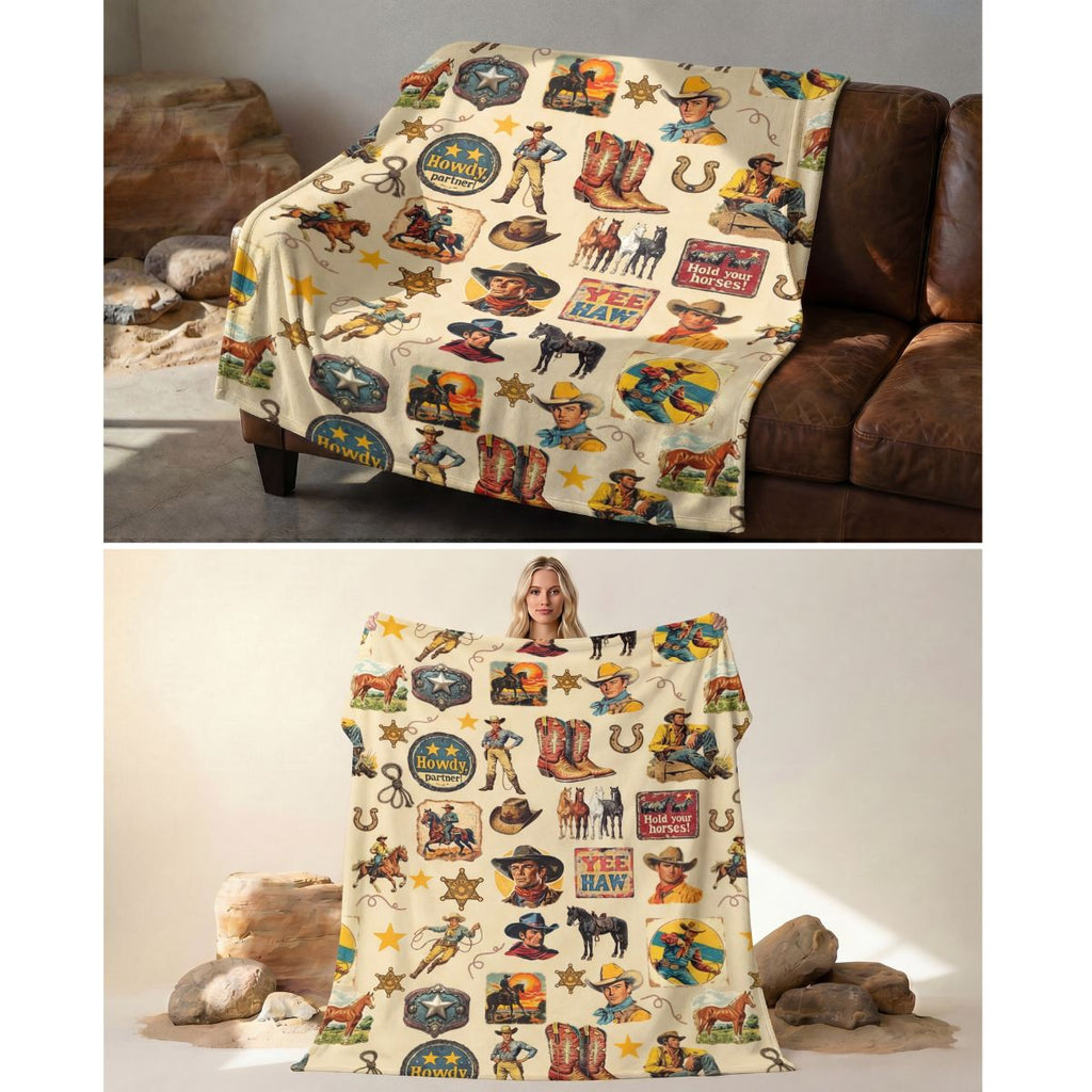 Baha Ranch Vintage Cowboy Collage Ultra-Soft Micro Fleece Blanket 60" x 80" Made in America by Baha Ranch Western Wear -...