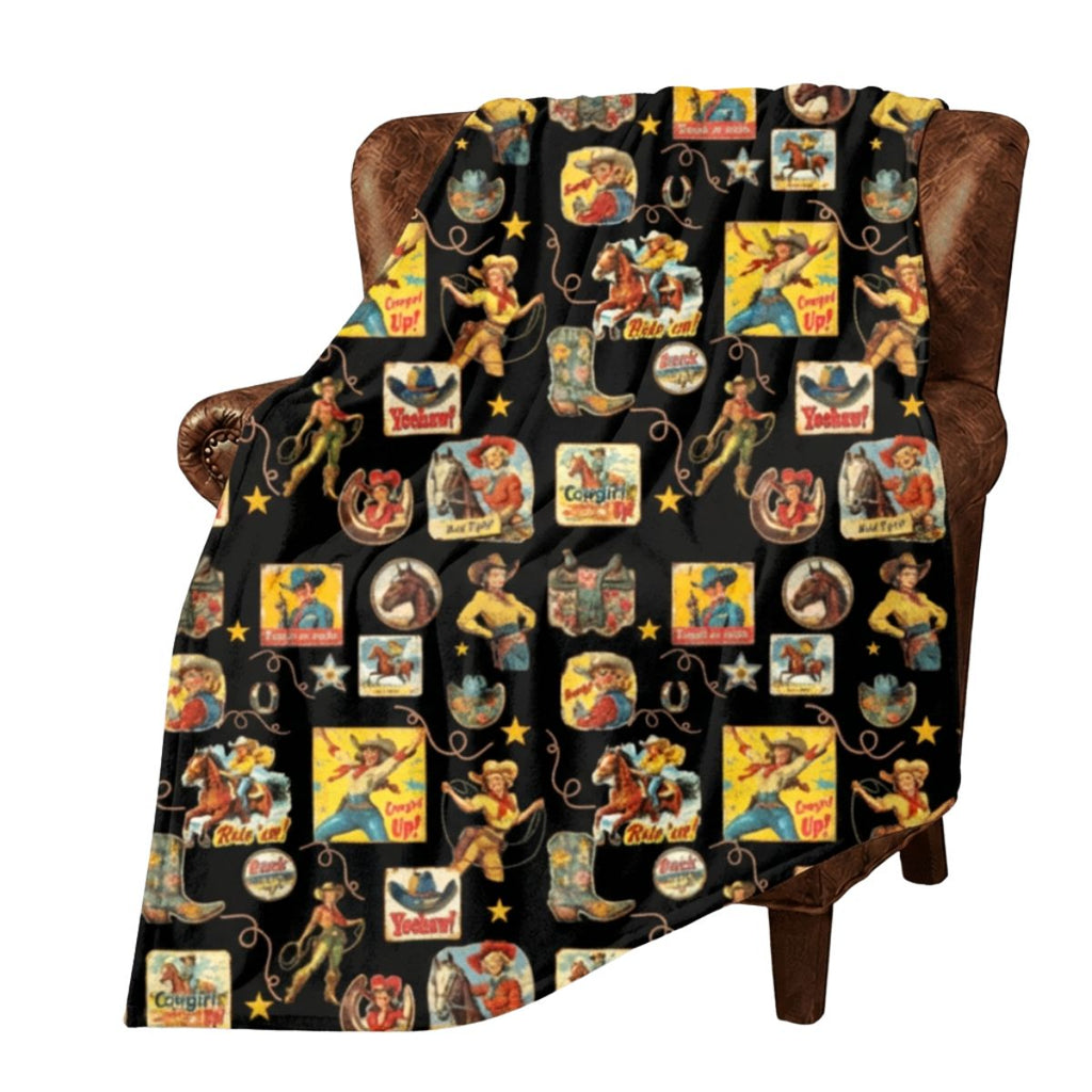 Baha Ranch Vintage Cowgirl Collage Micro Fleece Throw Blanket 60" x 80" Made in America by Baha Ranch Western Wear