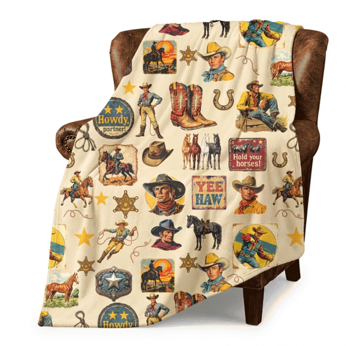 Baha Ranch Vintage Cowboy Collage Ultra-Soft Micro Fleece Blanket 60" x 80" Made in America by Baha Ranch Western Wear
