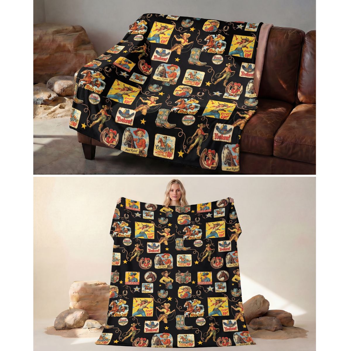 Baha Ranch Vintage Cowgirl Collage Micro Fleece Throw Blanket 60" x 80" Made in America by Baha Ranch Western Wear -...