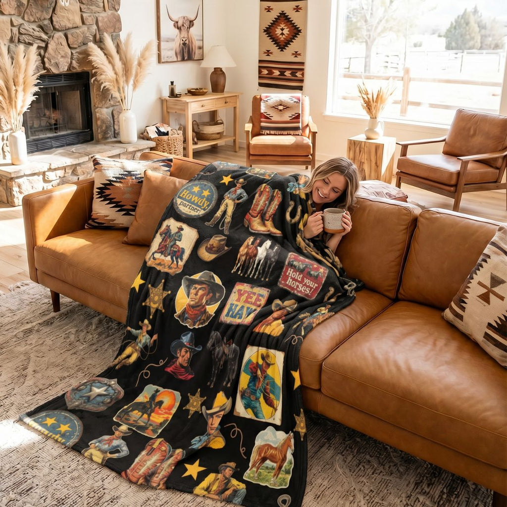 Baha Ranch Vintage Cowboy Collage Western Ultra Soft Minky Throw Blanket 60" x 80" Made in America by Baha Ranch Western...