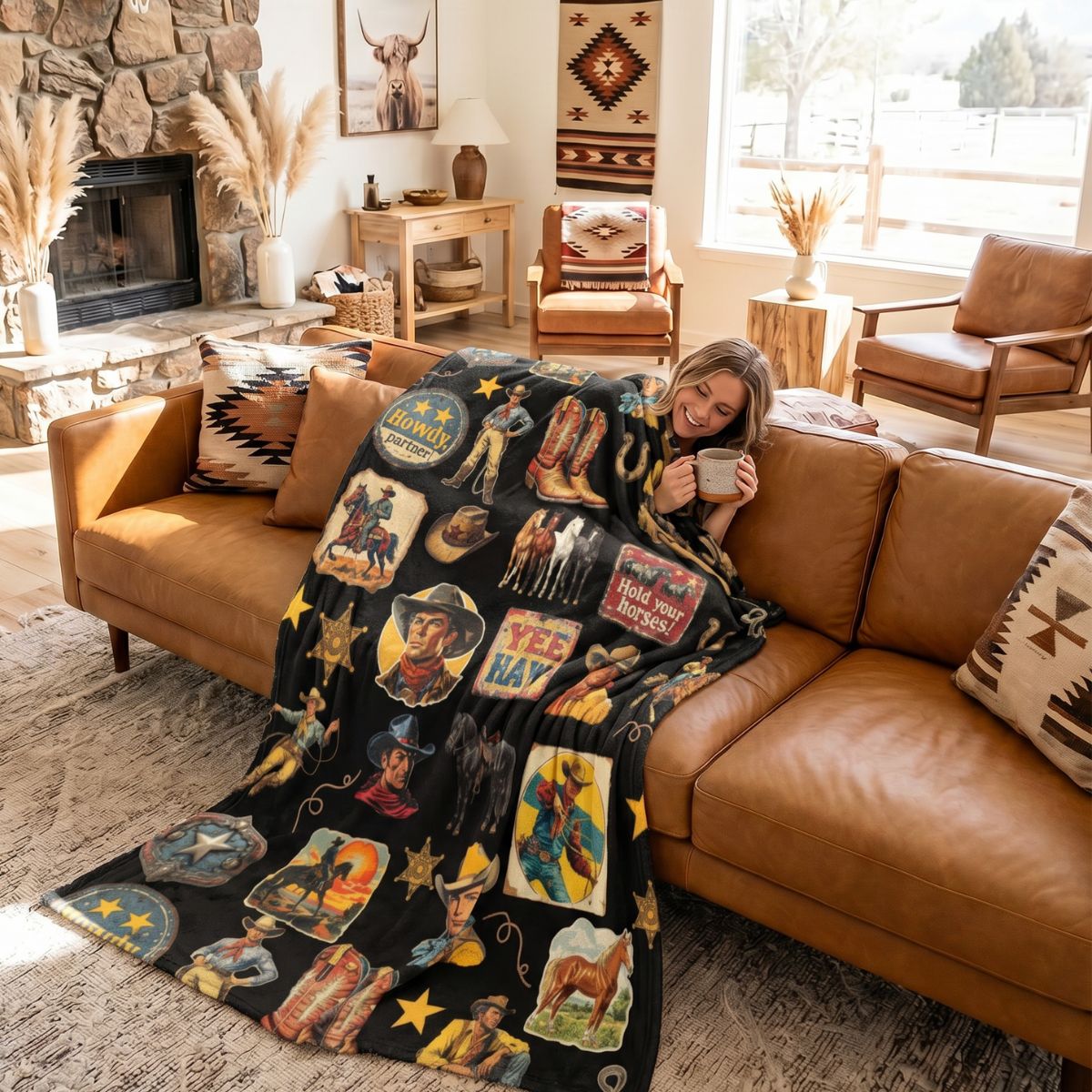 Baha Ranch Vintage Cowboy Collage Western Ultra Soft Minky Throw Blanket 60" x 80" Made in America by Baha Ranch Western...
