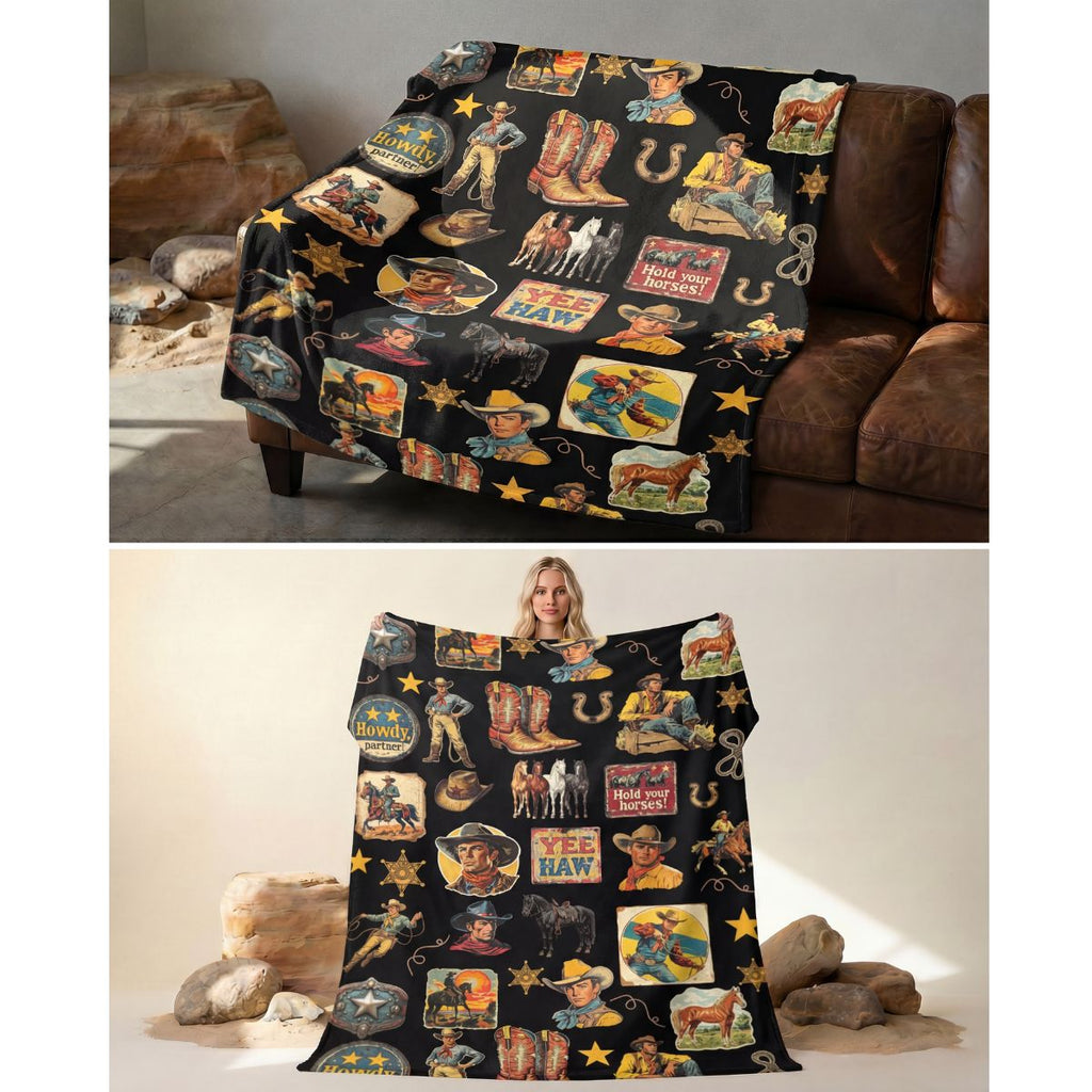 Baha Ranch Vintage Cowboy Collage Western Ultra Soft Minky Throw Blanket 60" x 80" Made in America by Baha Ranch Western...