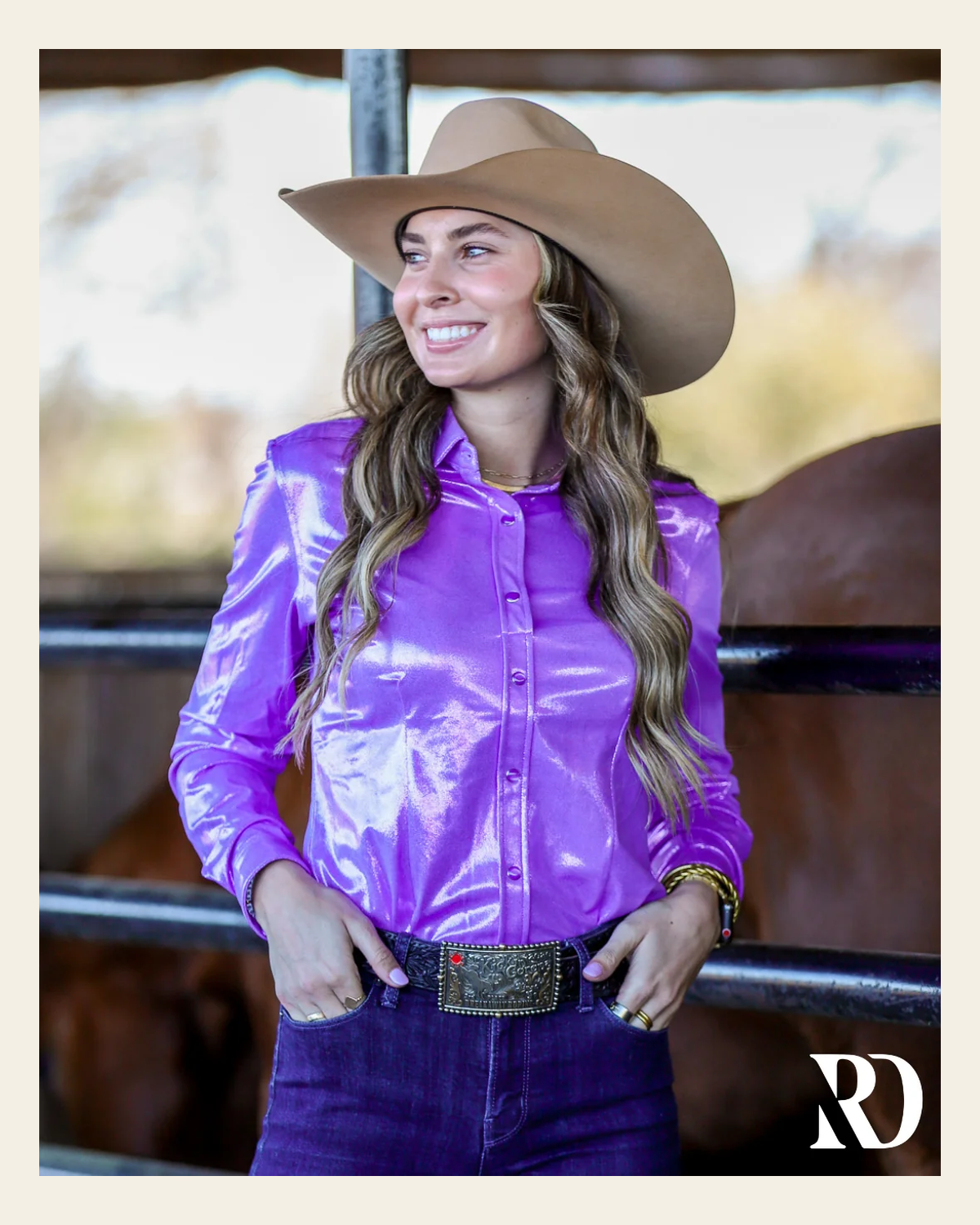 Violet Sparkle Performance Rodeo Shirt on a warm cream background