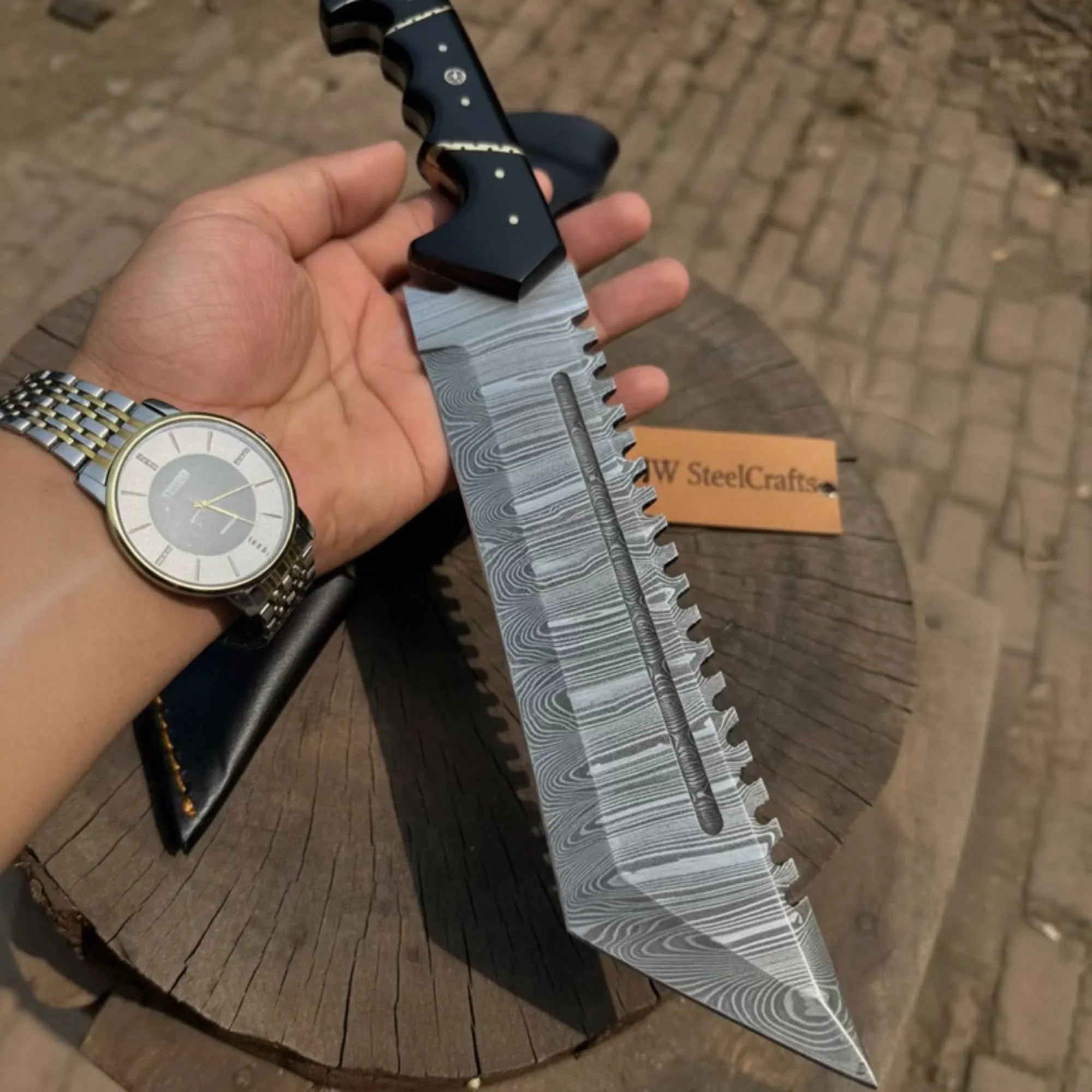 Handmade Damascus Tracker Knife 12” Sawback Blade Survival Knife Black resin Handle & Sheath
