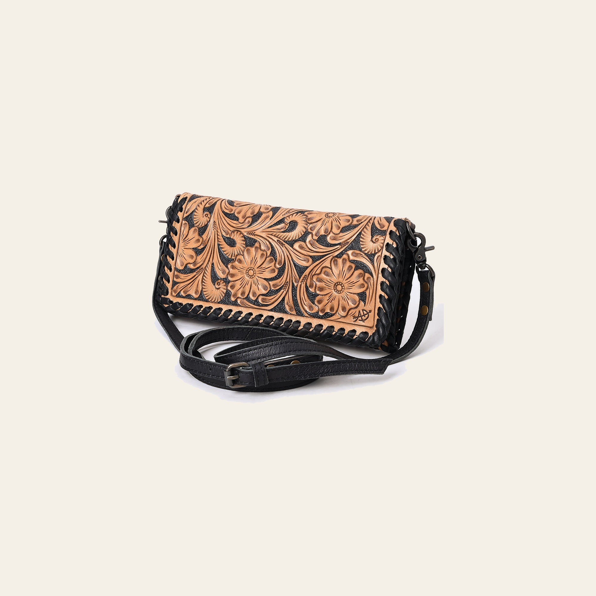 American Darling Western Crossbody Wallet Handcrafted from Tooled Genuine Leather | Floral Carved Flap & Braided Edge Detail
