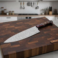 Handcrafted Damascus Kiritsuke Chef Knife – Raindrop Pattern Blade, Red Pakka Wood & Rosewood Handle, Mosaic Pins