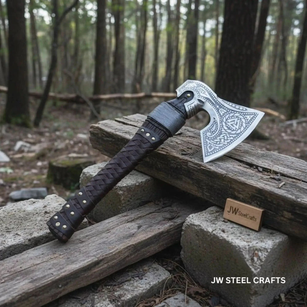 Engraved Norse Valknut Hatchet with Braided Leather Handle