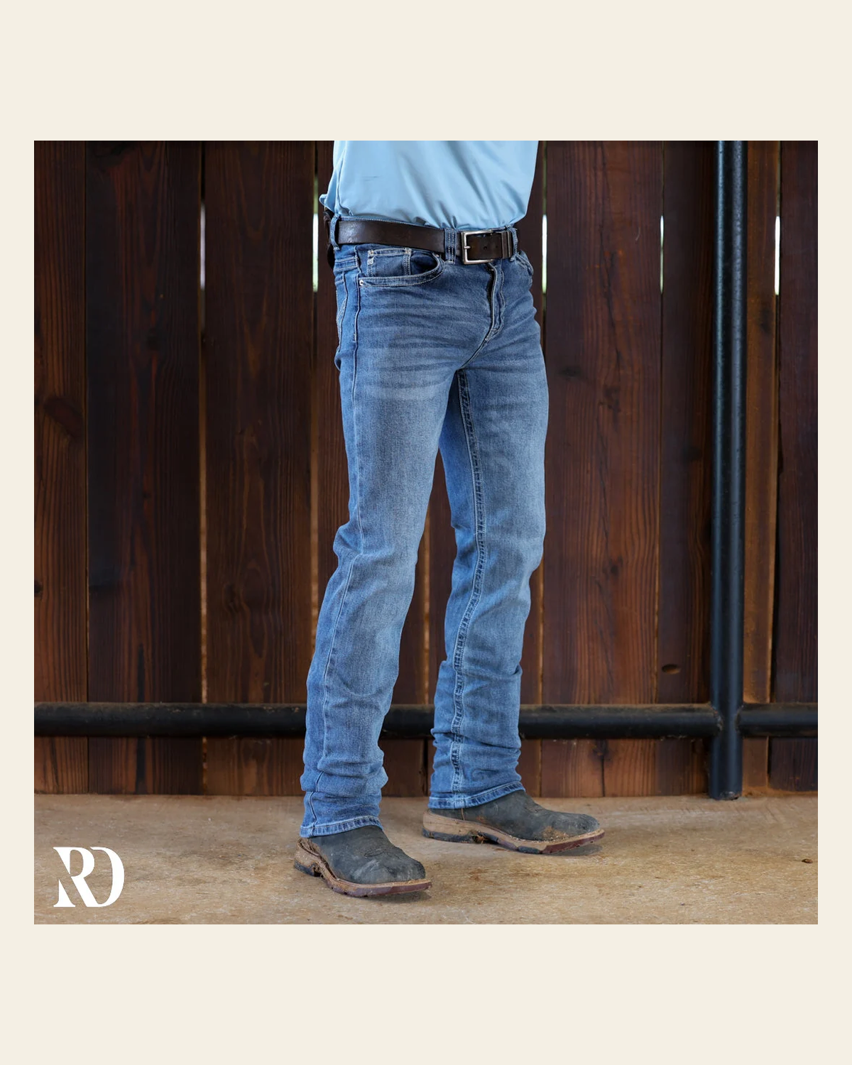 Westbound Signature Slim Straight Denim - Stone Wash on a warm cream background