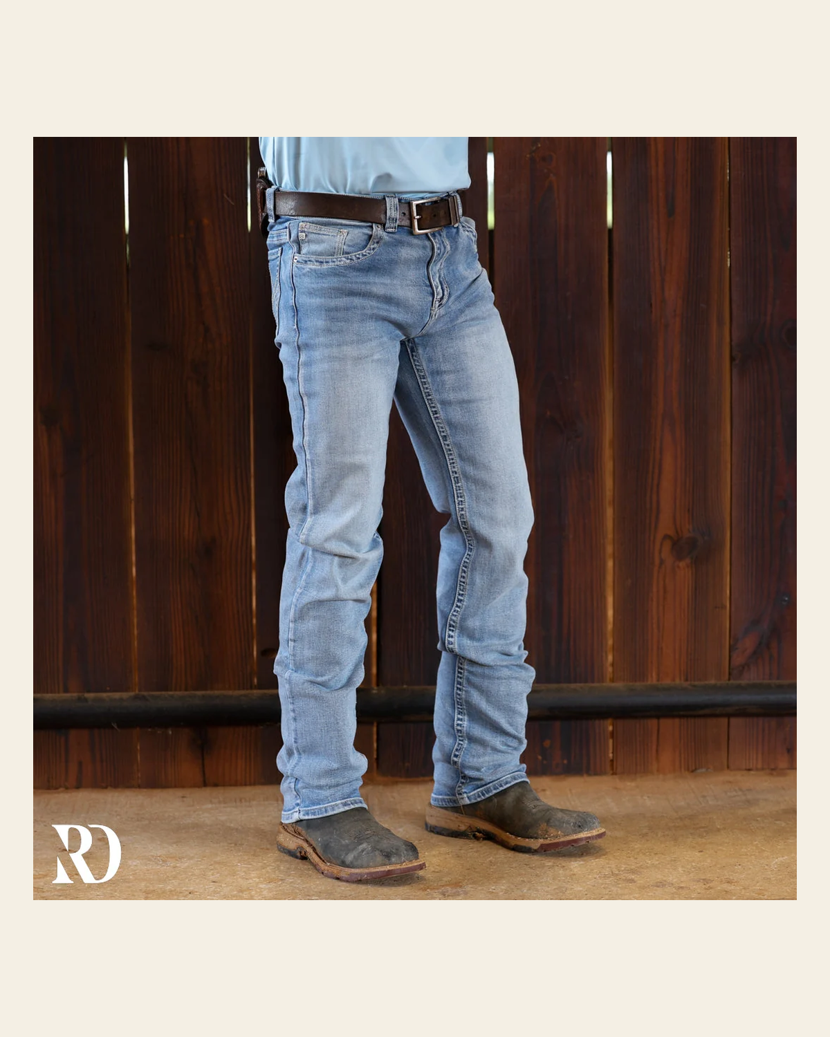 Westbound Signature Slim Straight Denim - Light Wash on a warm cream background