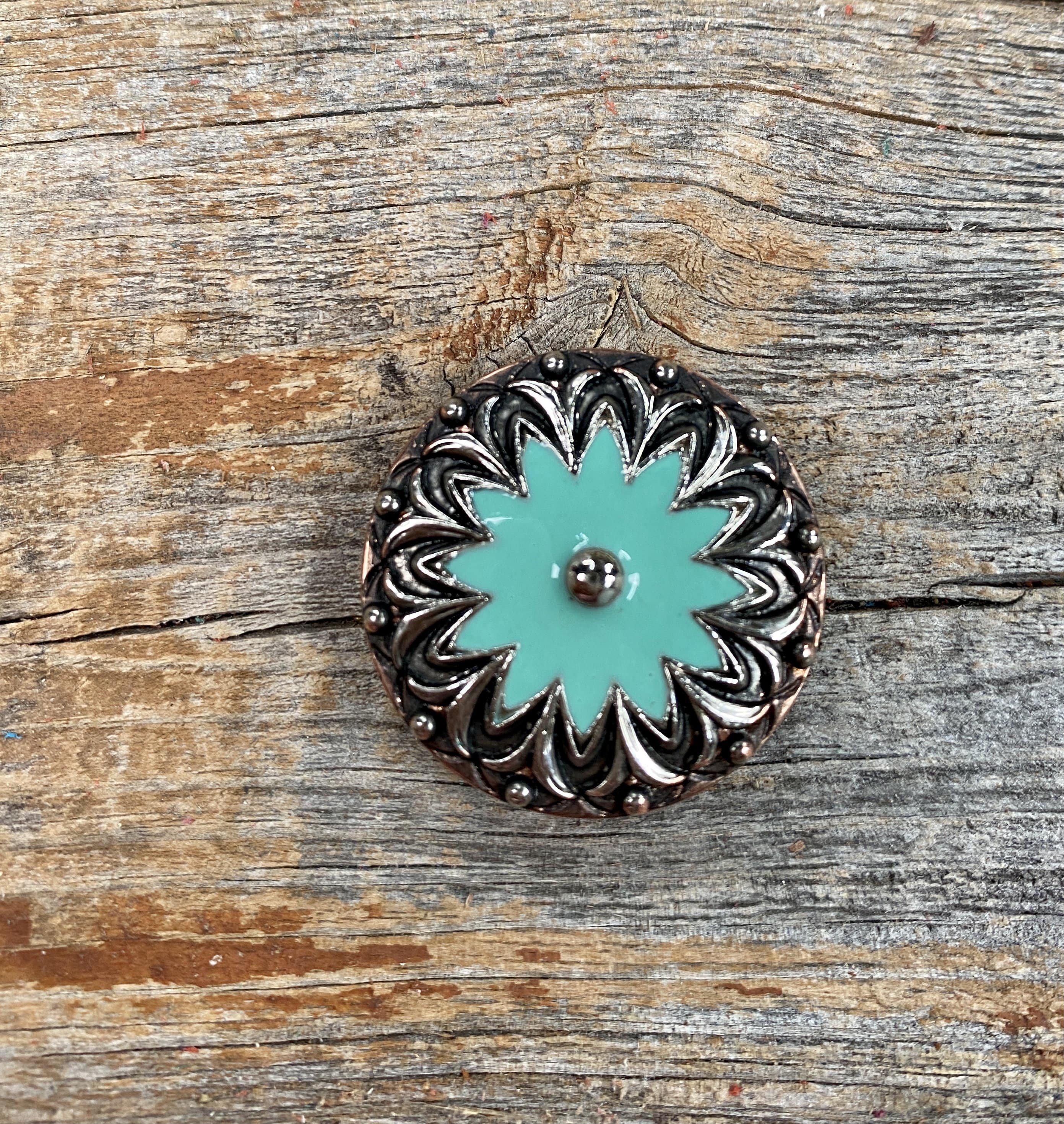 Copper & Antique Silver Turquoise Flower Concho 1.25” W122L