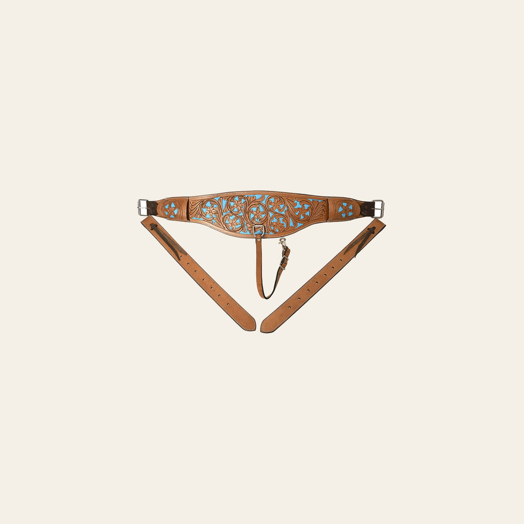 Comfytack By HILASON Genuine Leather Floral tooled Horse Saddle Flank Cinch Girth Turquoise Inlay Billets & Connector