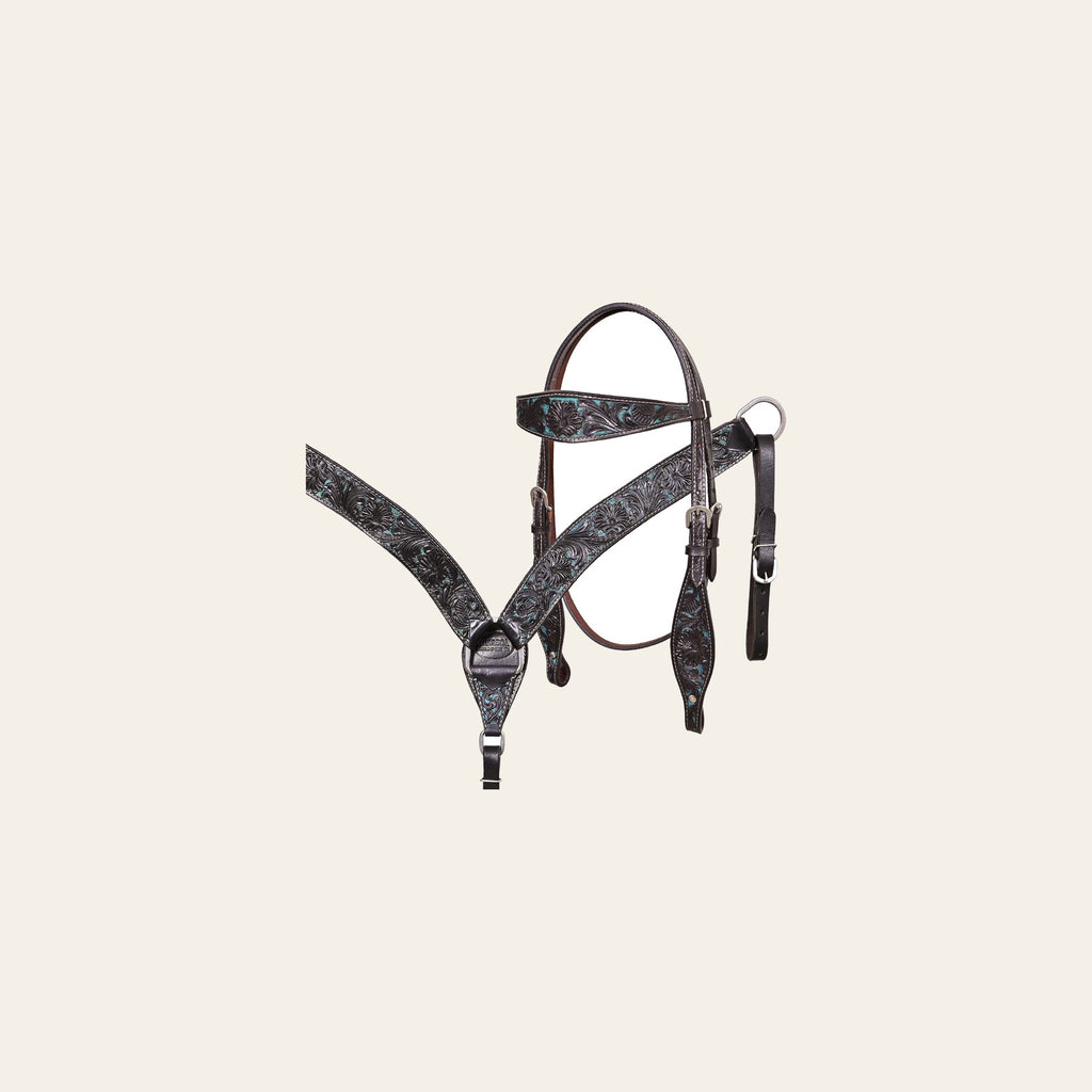 Western Horse Headstall & Breast Collar Tack American Leather Black Turquoise Hilason