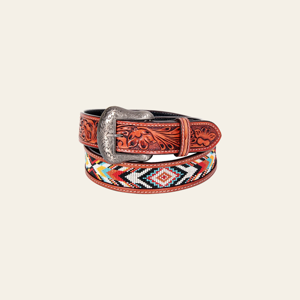 Bar H Equine Hand Tooled Genuine Leather Crafted Unisex Brown Western Belt Beaded Carving | Bead Belts for Women Men