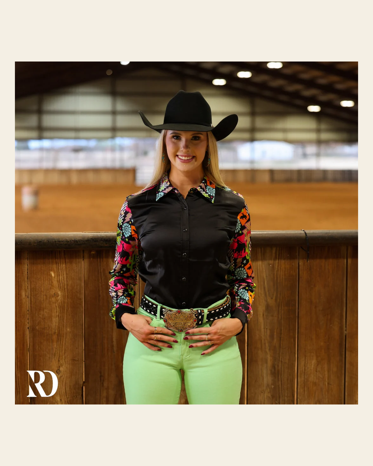Western Neon Satin Performance Rodeo Shirt on a warm cream background