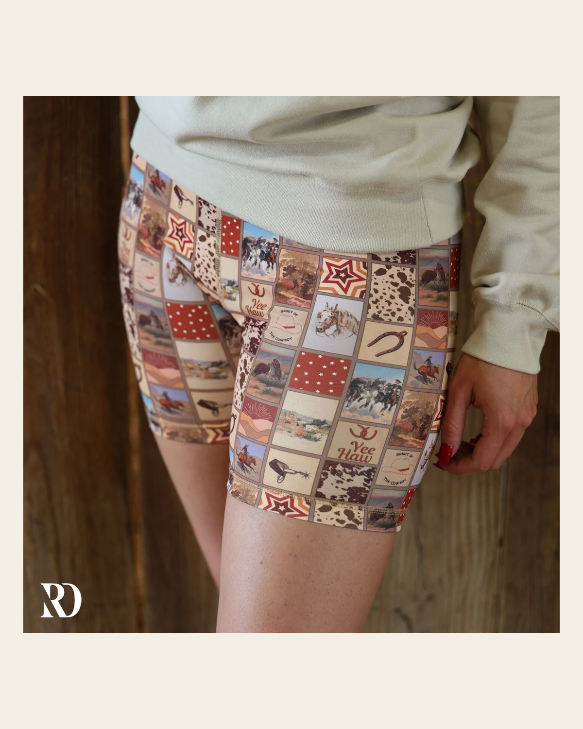 Western Patchwork Biker | Shorts on a warm cream background