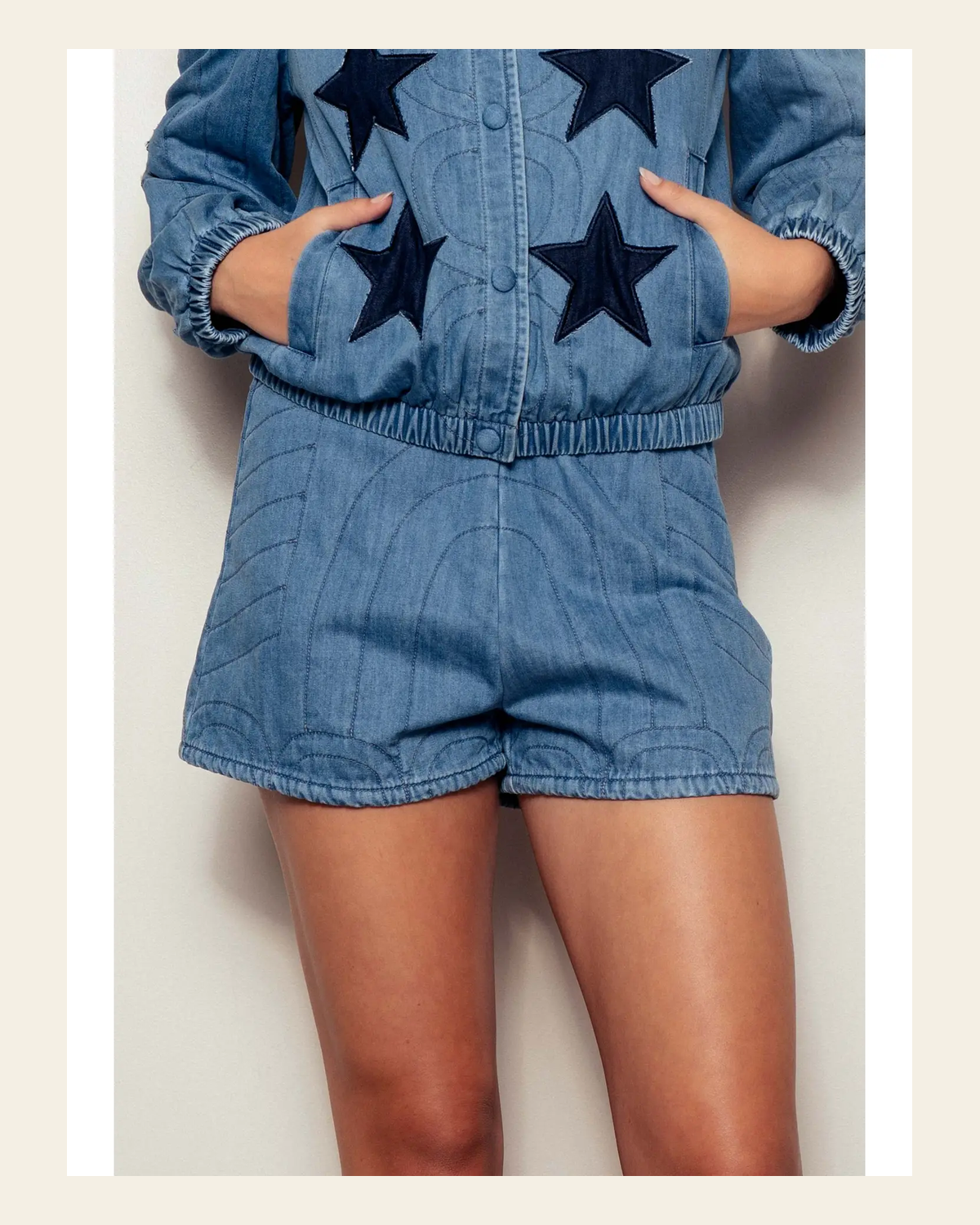 Western Quilted Denim | Shorts on a warm cream background