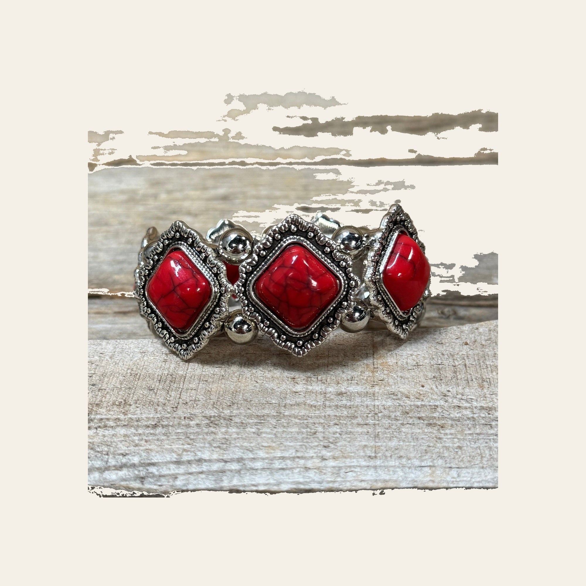 Western Silver Chunky Rodeo Fashion Bracelets  -  Red