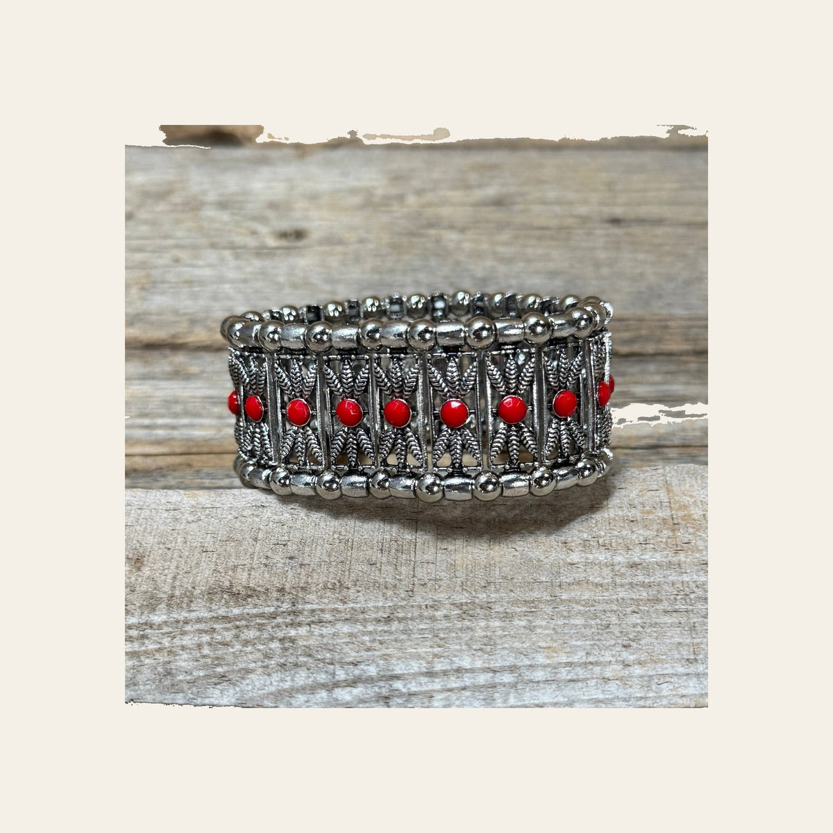 Western Silver Leaf and Bead Fashion Bracelets  -  Red